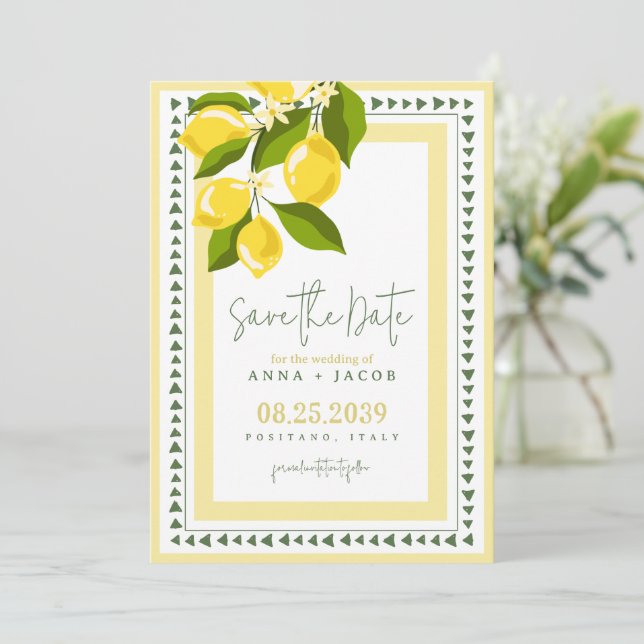 Citrus Yellow Lemon Italian Wedding Save The Date (Standing Front)