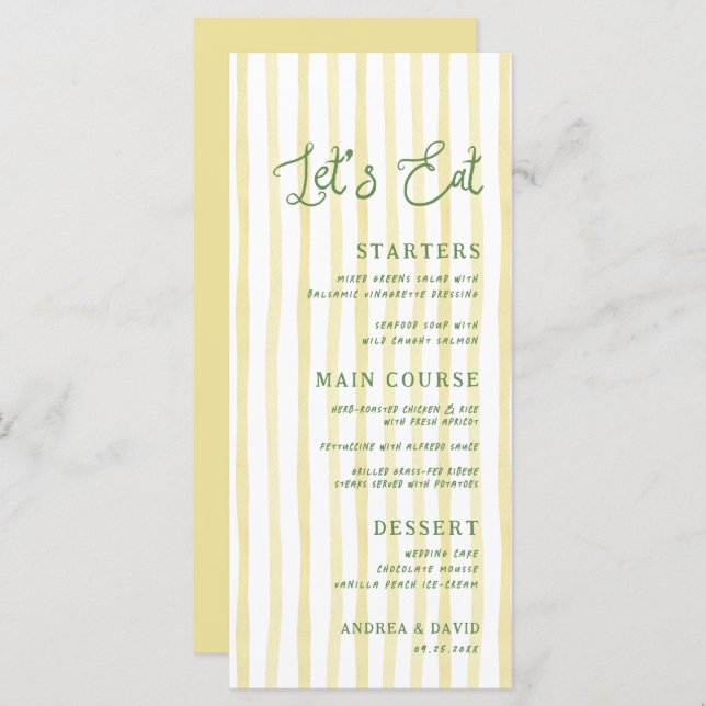 Citrus Yellow Stripe Handwriting Island Wedding Menu (Front/Back)