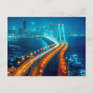 City at Night, Illuminated Bridge Over River Holiday Postcard