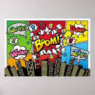 City background material with comic art style spee poster