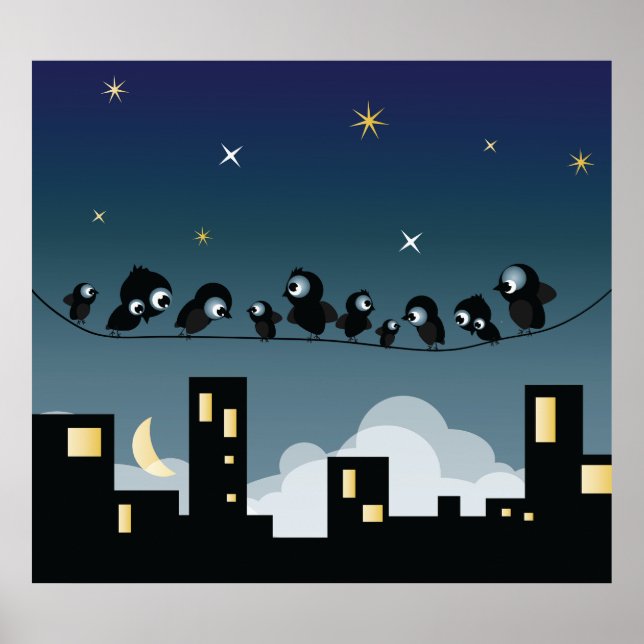 City Birds On A Wire Starry Sky Poster (Front)