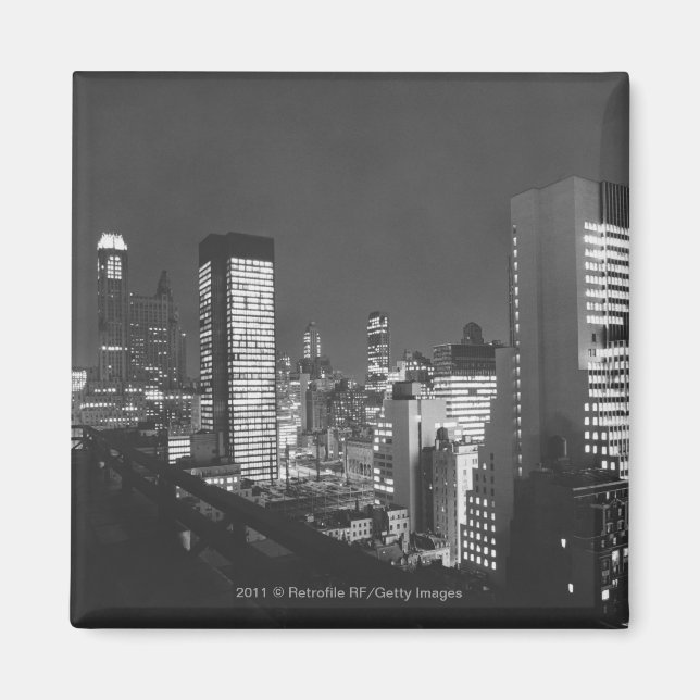 City buildings at night B&W, elevated view Magnet (Front)