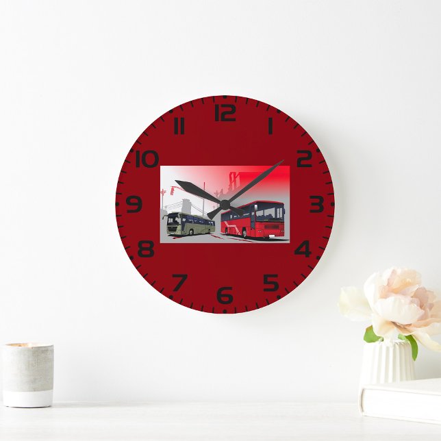 City Buses Red Green Coaches on Urban Street Large Clock (Creator Uploaded)
