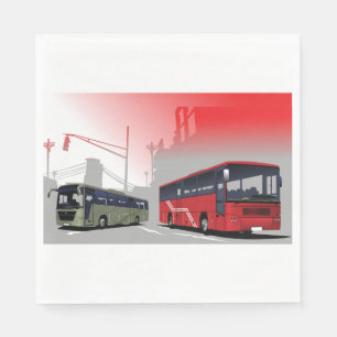 City Buses Red Green Coaches on Urban Street Napkin