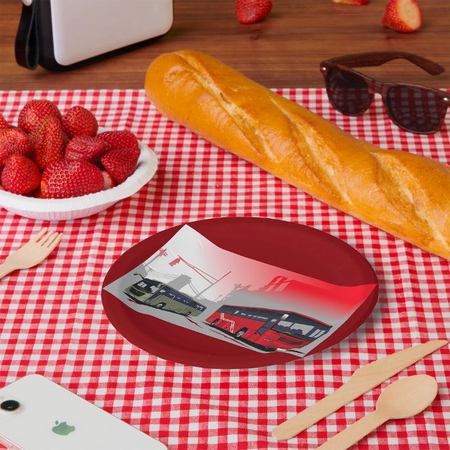 City Buses Red Green Coaches on Urban Street Paper Plate (Creator Uploaded)