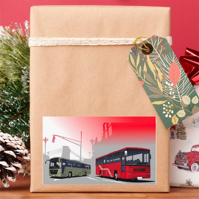 City Buses Red Green Coaches on Urban Street Rectangular Sticker (Creator Uploaded)