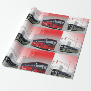 City Buses Red Green Coaches on Urban Street Wrapping Paper