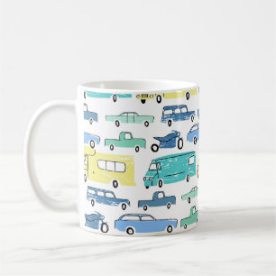 City cars and transport cartoon seamless pattern. coffee mug