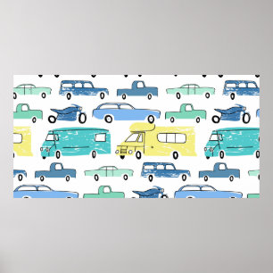 City cars and transport cartoon seamless pattern. poster