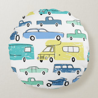 City cars and transport cartoon seamless pattern. round cushion