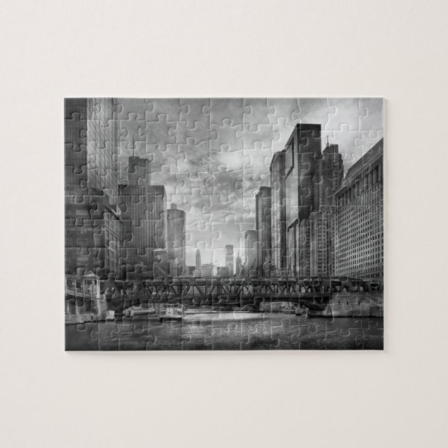 City - Chicago, IL - Looking towards the future BW Jigsaw Puzzle (Horizontal)