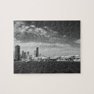 City - Chicago Skyline & The Navy Pier BW Jigsaw Puzzle