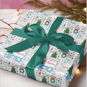 City Christmas Hand-Drawn Personalised Cityscape Wrapping Paper