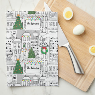 City Christmas Personalised Hand-Drawn Whimsical Tea Towel