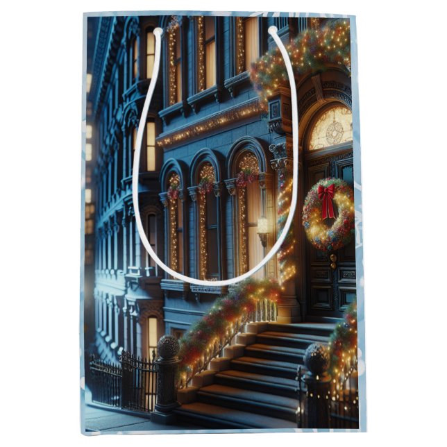 City Downtown Brownstone Building Christmas Medium Gift Bag (Front)