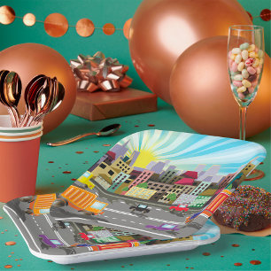 City Highway Cityscape And Traffic Paper Plate