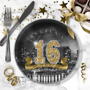City Lights Sweet Sixteen Gold ID243 Paper Plate