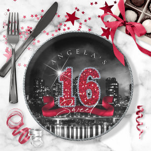 City Lights Sweet Sixteen Red ID242 Paper Plate