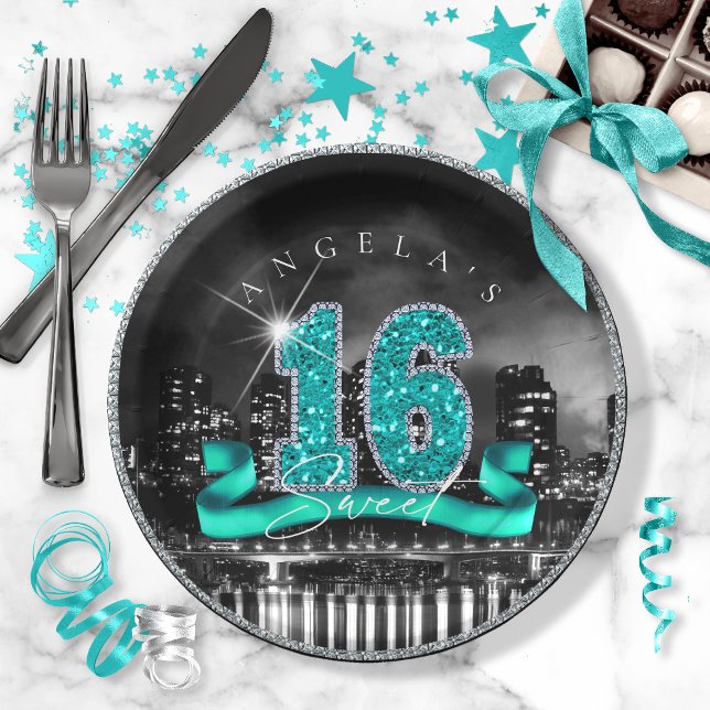 City Lights Sweet Sixteen Teal ID120 Paper Plate (Creator Uploaded)