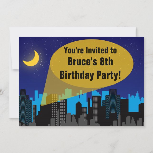 City Night Skyline Superhero Boys Birthday Party Invitation (Front)