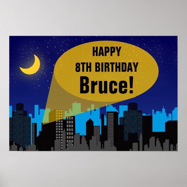 City Night Skyline Superhero Boys Birthday Party Poster (Front)