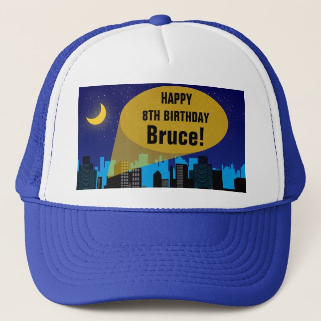 City Night Skyline Superhero Boys Birthday Party Trucker Hat (Front)