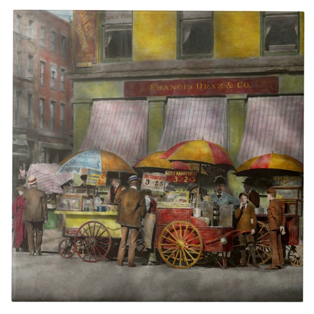City - NY- Lunch carts on Broadway St NY - 1906 Tile (Front)