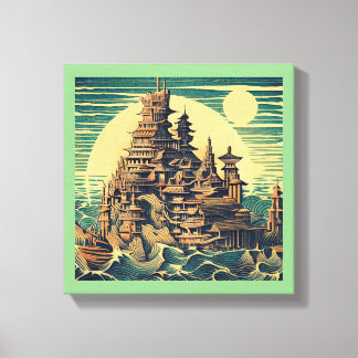 City of Atlantis 4 - Woodblock Style Canvas Print