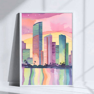 City of Colour Miami Florida Watercolor Skyline Poster