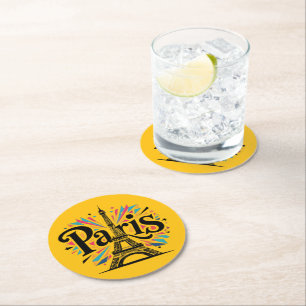 City of Lights: Bold Paris Typography Art Round Paper Coaster