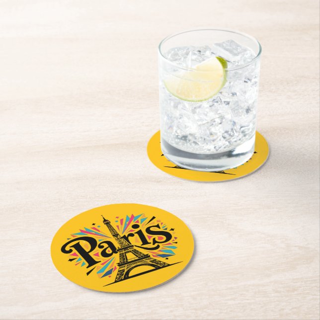 City of Lights: Bold Paris Typography Art Round Paper Coaster (Insitu)