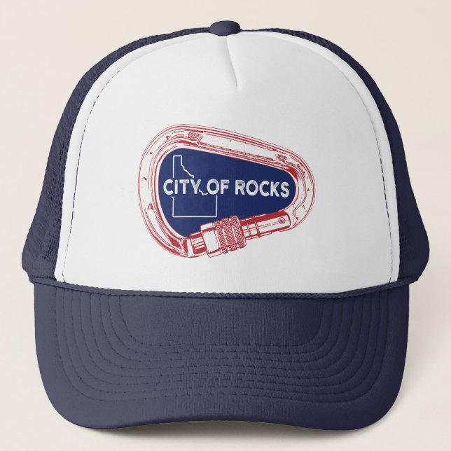 City Of Rocks Idaho Rock Climbing Carabiner Trucker Hat (Front)