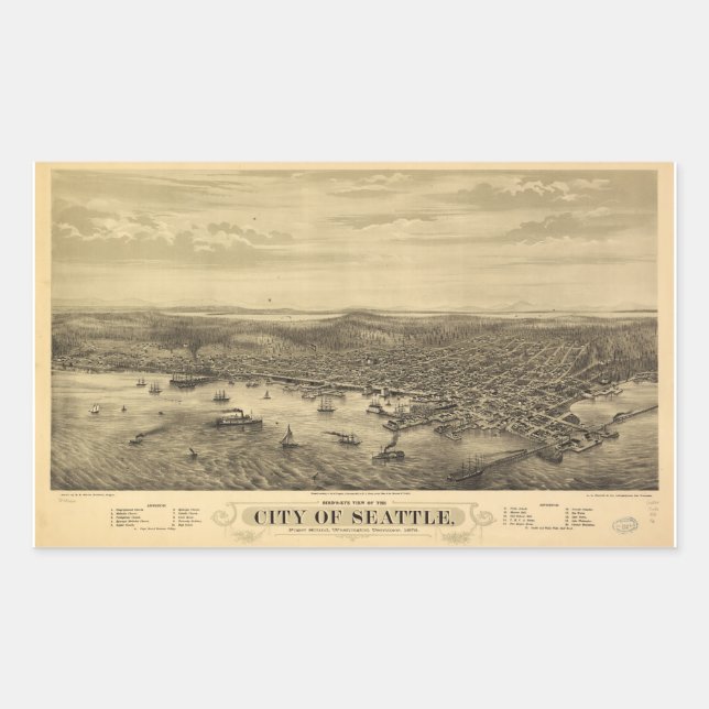 City of Seattle Puget Sound Washington Map (1878) Rectangular Sticker (Front)