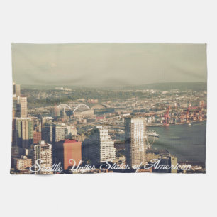 City of Seattle. View from city tower. Landscape Tea Towel