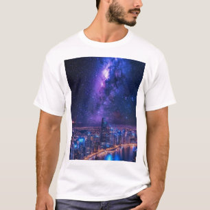 City of Stars: Futuristic Skyline Under a Galactic T-Shirt