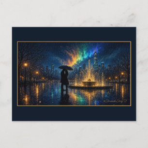 City Plaza Fountain in the Rain Couple Kissing Postcard