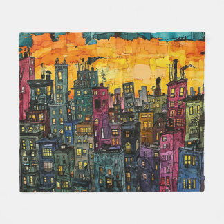 City Scape at Sunset - Vibrant Urban Art Fleece Blanket