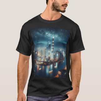 City skyline at night, with a large illuminated an T-Shirt