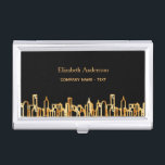 City skyline black gold business real estate business card holder<br><div class="desc">A black background, with a faux gold city skyline as decor. Template for your name and a text on front. Golden letters Back: Templates for Your name, title, phone number, mail and website address. A business card holder for real estate agents, managers, store owners, entrepreneurs, construction or engineering. This holder...</div>