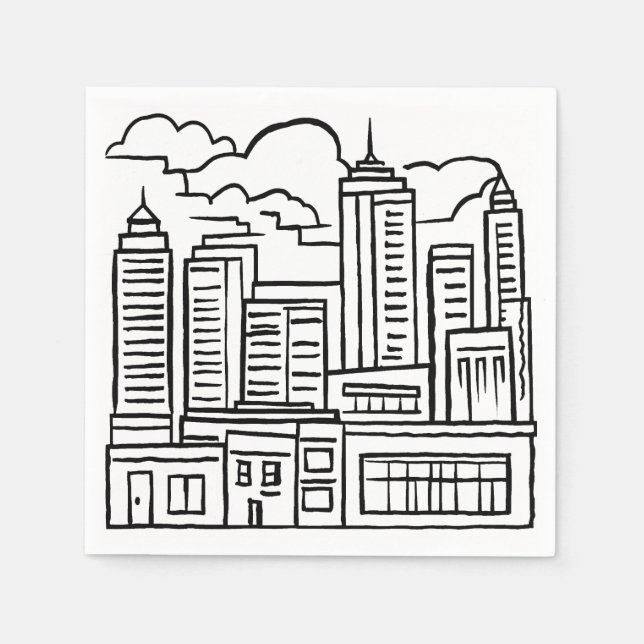 City Skyline Black & White Drawing Napkin (Front)