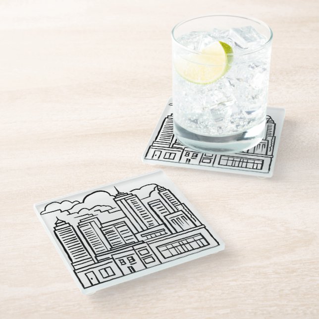 City Skyline Black & White Glass Coaster (Angled)