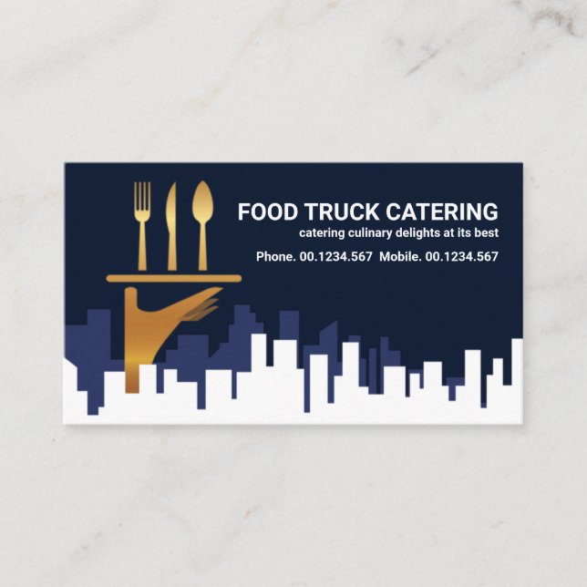City Skyline Gold Waiter Hand Catering Food Business Card (Front)