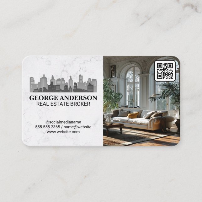 City Skyline | Luxury Living Room | Real Estate Business Card (Front)