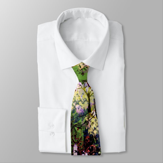 City Skyline Musical Notes Grunge Swirls Tie (Tied)