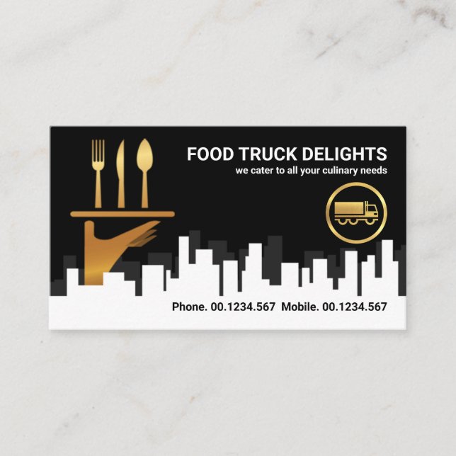 City Skyline Silhouette Gold Waiter Hand Catering Business Card (Front)