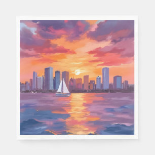 City Skyline Sunset Reflection Watercolor Painting Napkin