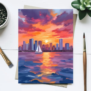 City Skyline Sunset Reflection Watercolor Painting Postcard