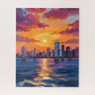 City Skyline Sunset Watercolor Art Jigsaw Puzzle