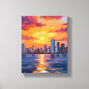 City Skyline Sunset Watercolor Canvas Print