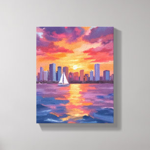 City Skyline Sunset Watercolor Painting Colourful Canvas Print